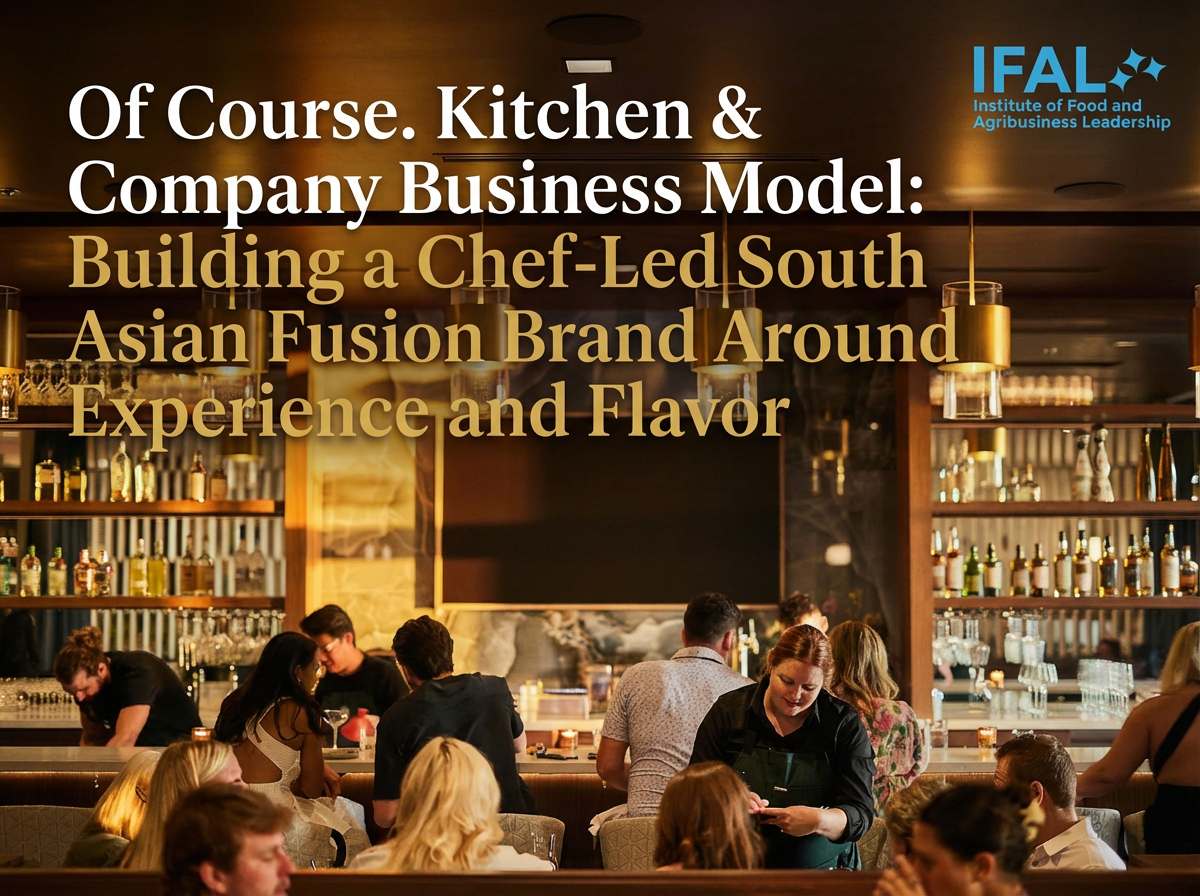 Cover image for an IFAL business model article on Of Course. Kitchen & Company, showing a warm upscale restaurant interior with guests dining, pendant lighting, bar shelves, the article title, and the IFAL logo.