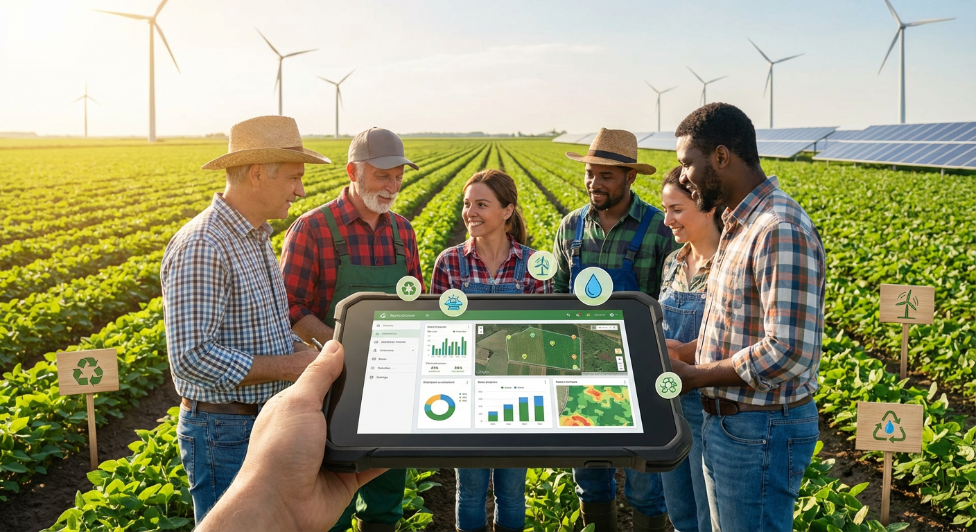 scene of farmers and ag retailers collaborating on a tablet in a green field, with renewable energy sources and sustainability icons, representing sustainable digital agriculture.