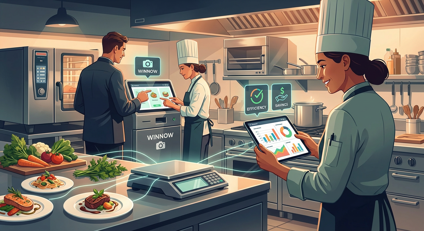 Stylized animated commercial kitchen scene showing chefs using an AI food waste station while a manager reviews kitchen performance data on a tablet.