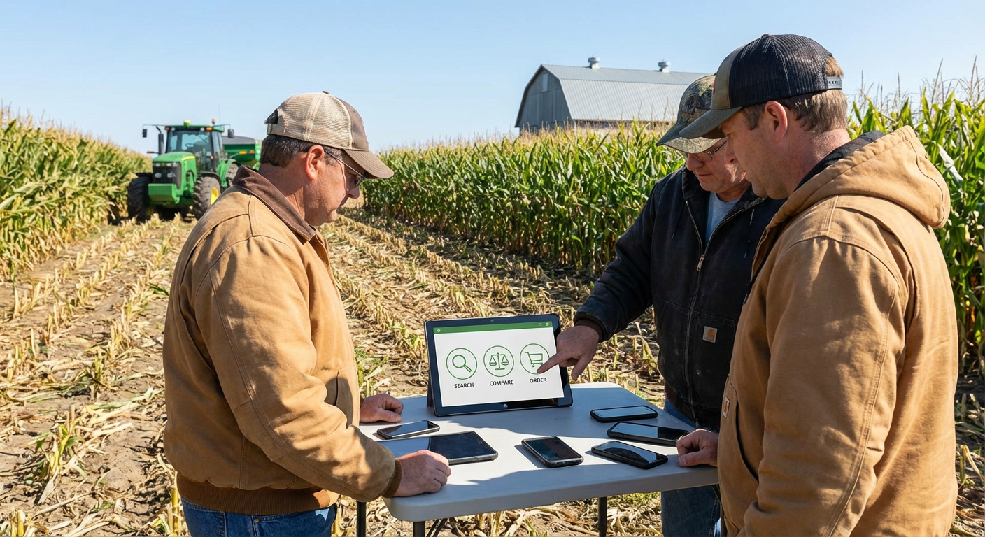 Illustration of farmers in a field using a tablet and smartphone to compare prices and order agricultural products digitally.
