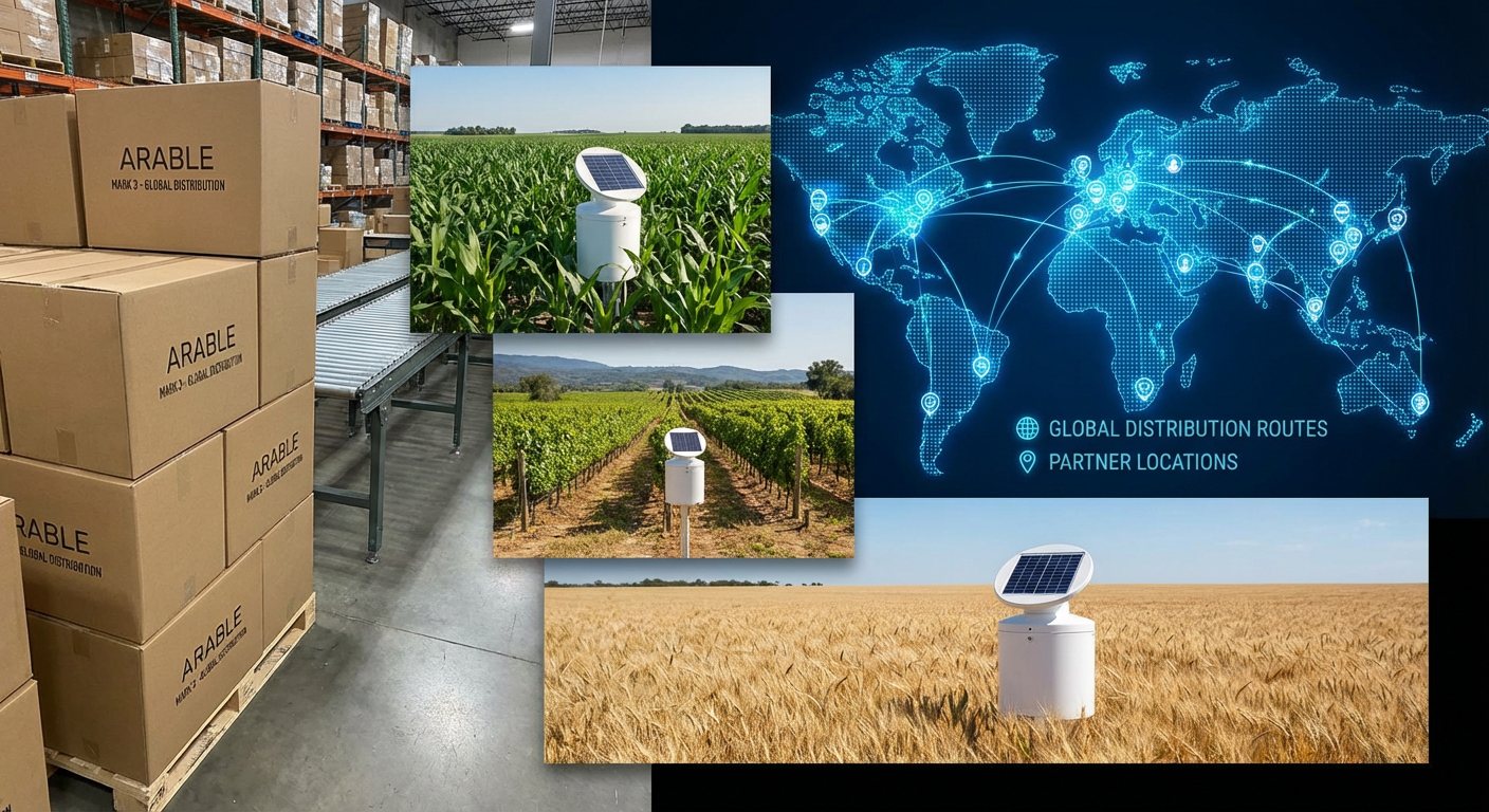 Arable Mark 3 devices being shipped and installed in farms worldwide, with a digital map showing global distribution network and partner locations.