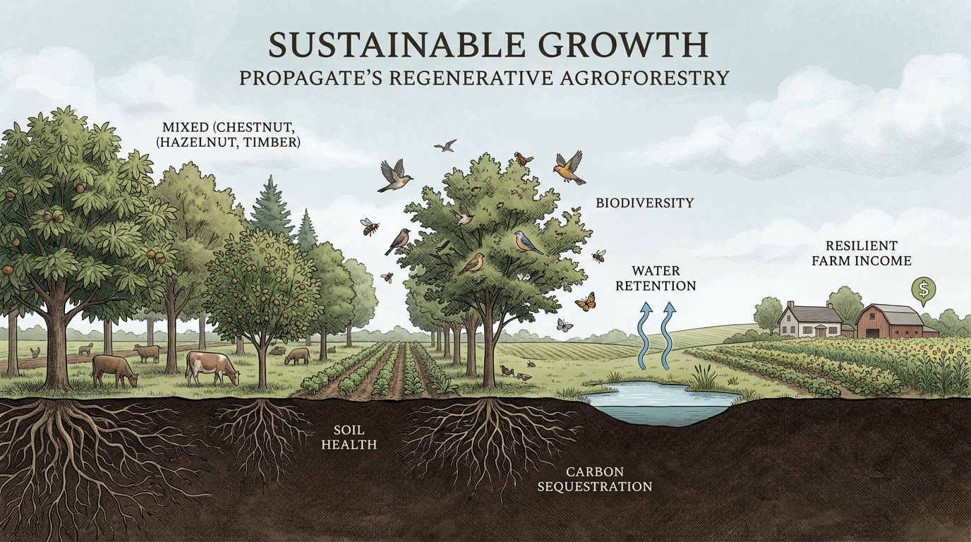 Illustration of sustainability in Propagate’s business model showing regenerative agroforestry benefits such as biodiversity, healthy soil, water retention, and resilient farm income