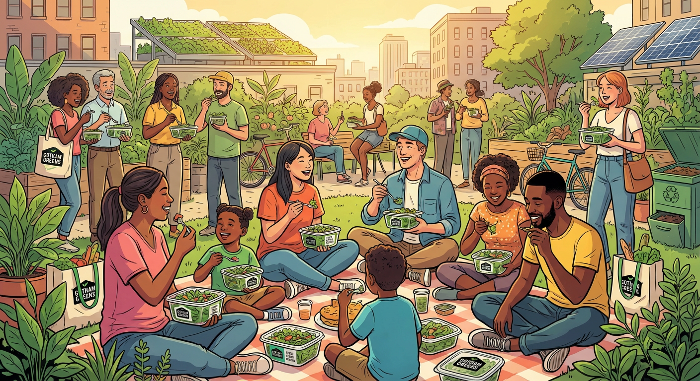 Illustration of diverse urban consumers enjoying Gotham Greens packaged salad greens in a city park, highlighting freshness, convenience, and sustainability.