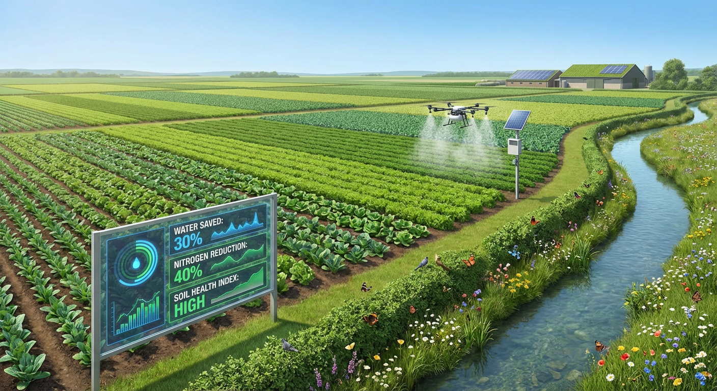 Sustainable agricultural landscape, gene-edited crops, resource efficiency.