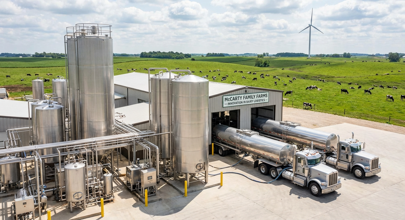 Photo-realistic image of a modern milk condensing plant at McCarty Family Farms, with stainless steel tanks, trucks being loaded, and green fields in the background, representing efficient and sustainable dairy distribution