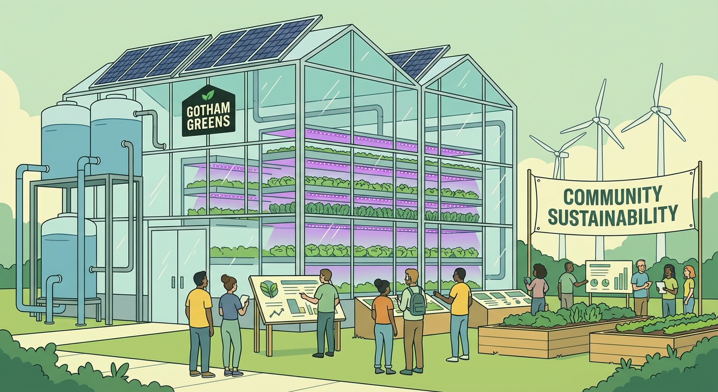 Eco-friendly illustration of a Gotham Greens urban greenhouse with solar panels and rainwater collection, surrounded by community members learning about sustainable farming