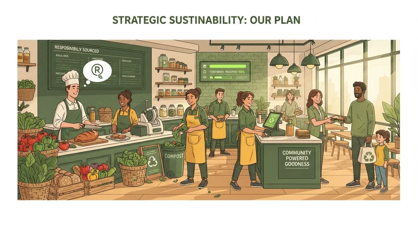 Restaurant team preparing fresh ingredients with reduced waste and community-focused service to illustrate sustainability in a sandwich business