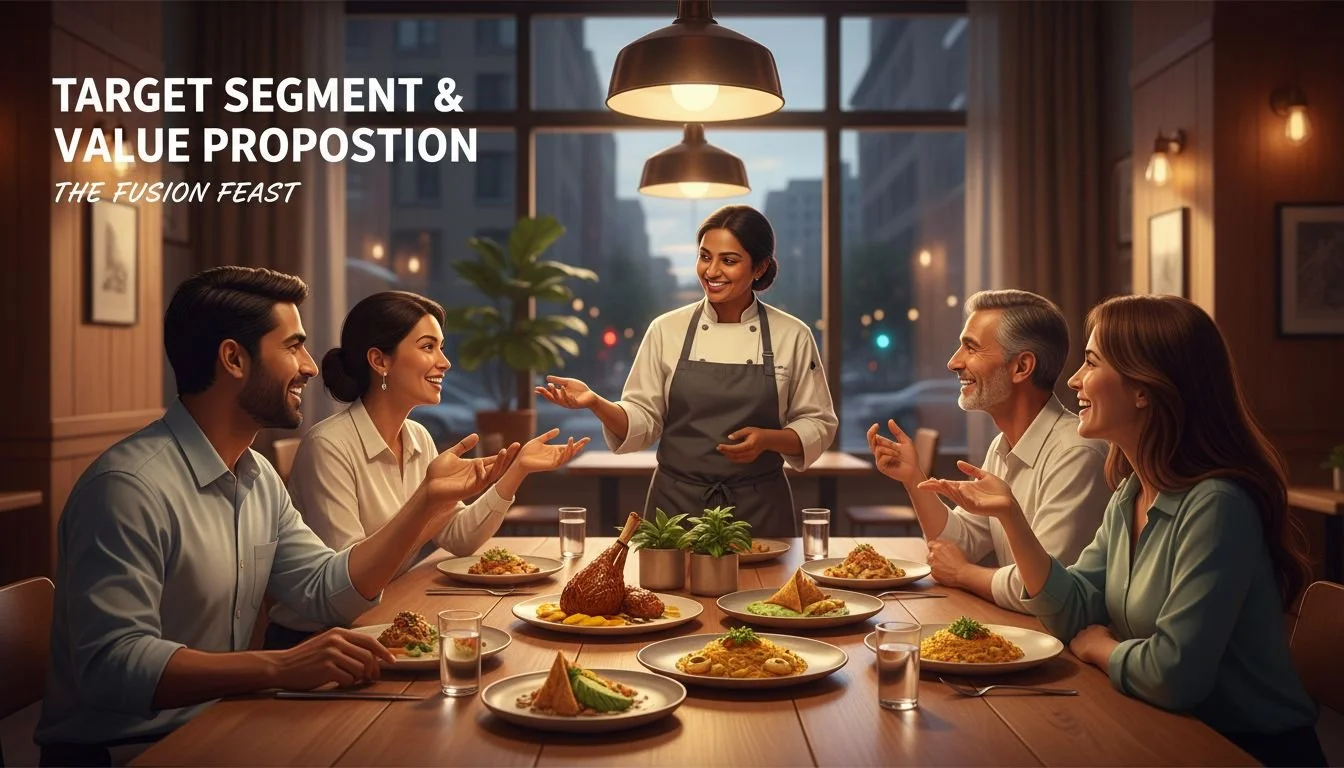 Diners sharing refined South Asian fusion dishes in an upscale casual restaurant, illustrating Of Course. Kitchen & Company’s value proposition around flavor, hospitality, and experience.