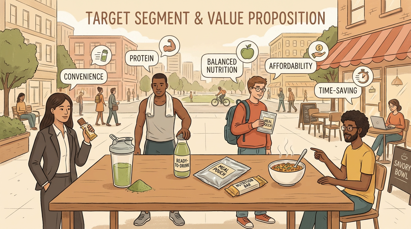 Illustration of busy consumers choosing convenient plant-based complete nutrition products, including shakes, bars, and prepared meals, representing Huel’s target segment and value proposition