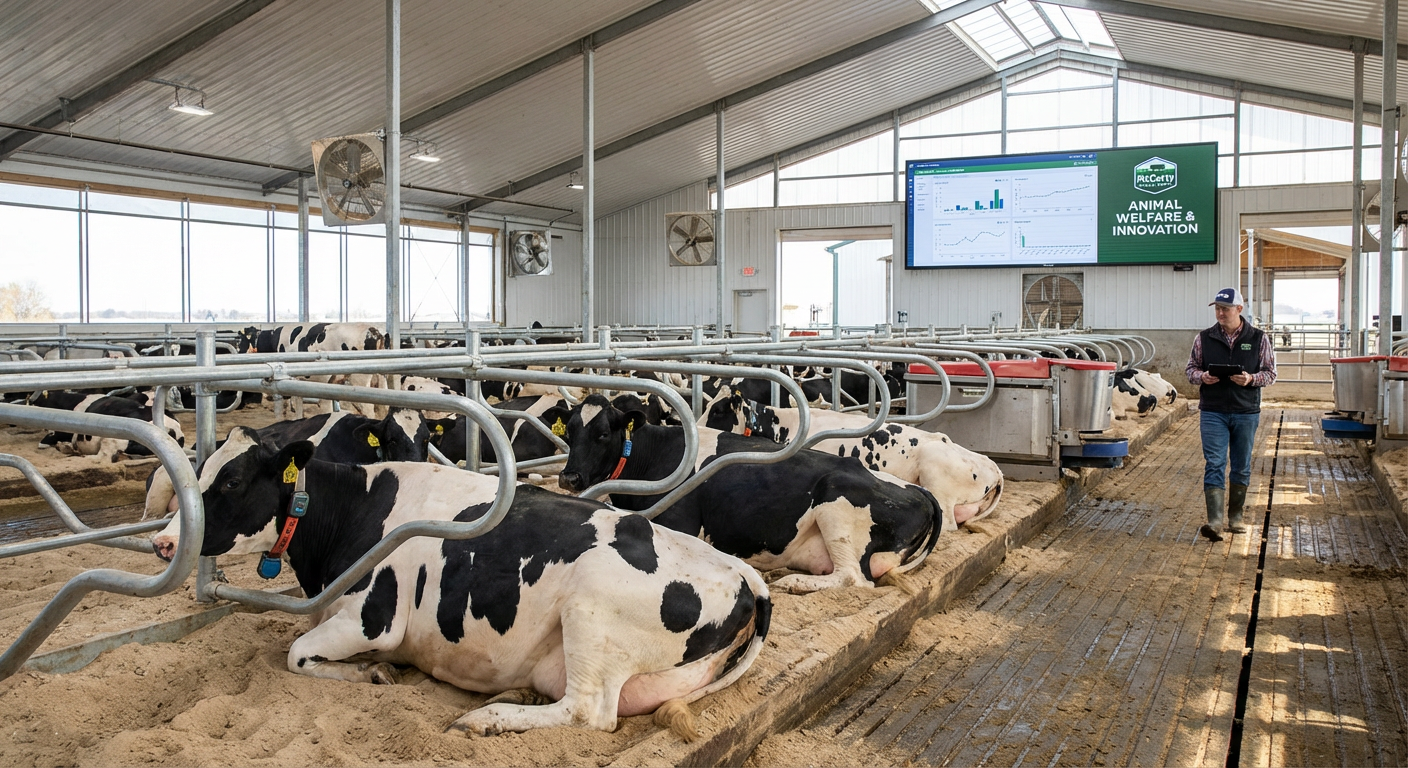 Photo-realistic image of healthy Holstein cows in a bright, clean free-stall barn with visible technology and sensors, illustrating McCarty Family Farms’ value proposition of animal welfare, quality, and innovation.