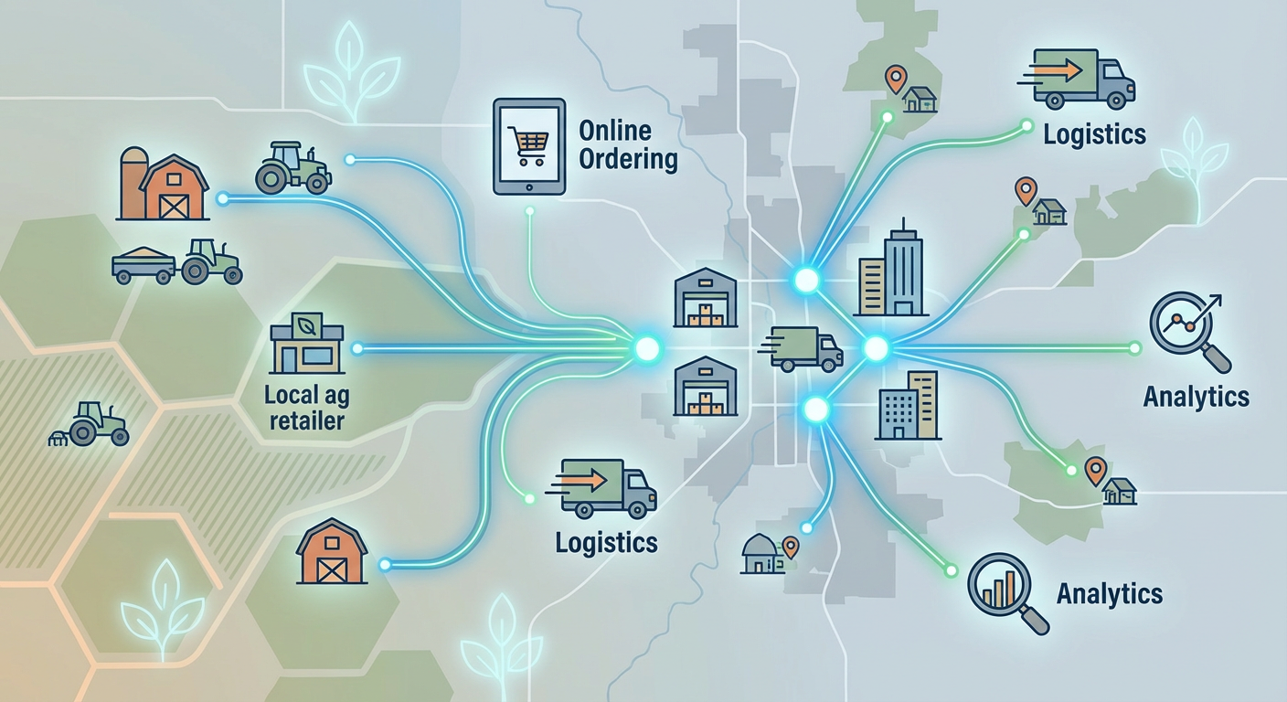 AI-generated image of a digital agriculture distribution network, showing connections between ag retailers and farmers through cloud-based software and analytics