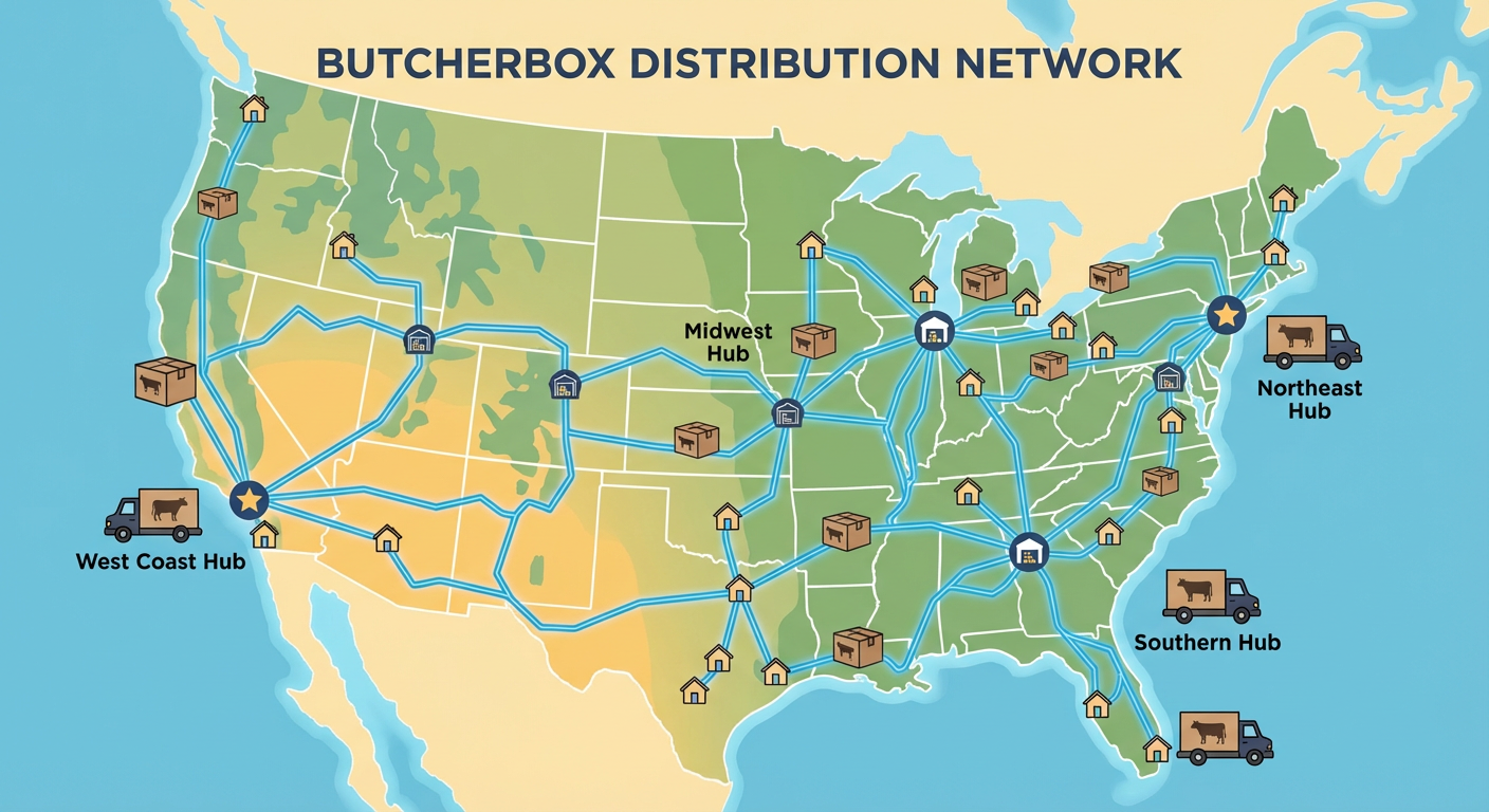 Stylized map of ButcherBox’s US distribution network.