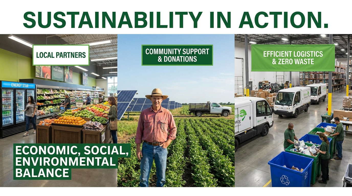 Sustainability in grocery retail showing fresh produce supply chain, recycling, food donation, local farmers, and energy-efficient store operations