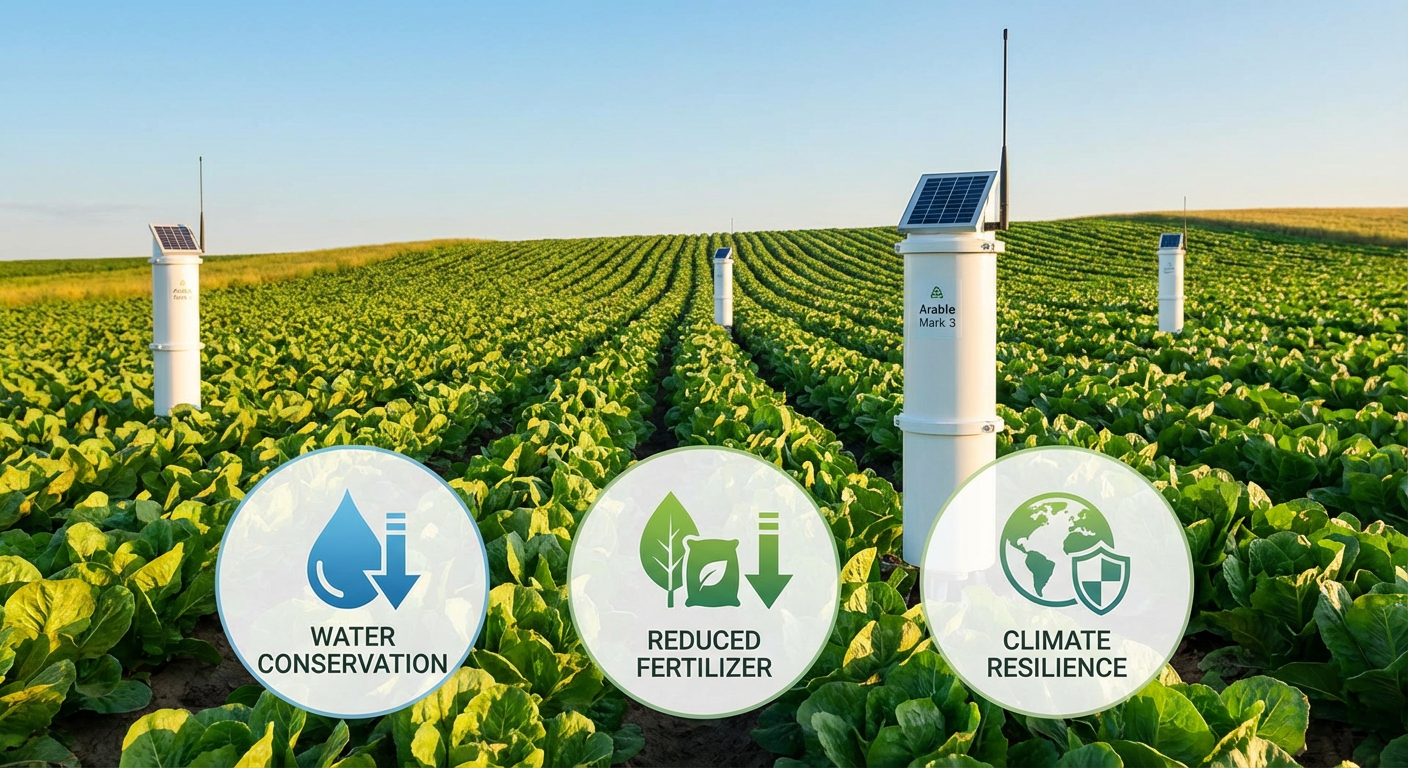 Lush, healthy crops with Arable Mark 3 sensors in the field; overlay icons for water conservation, reduced inputs, and climate resilience, illustrating sustainable agriculture