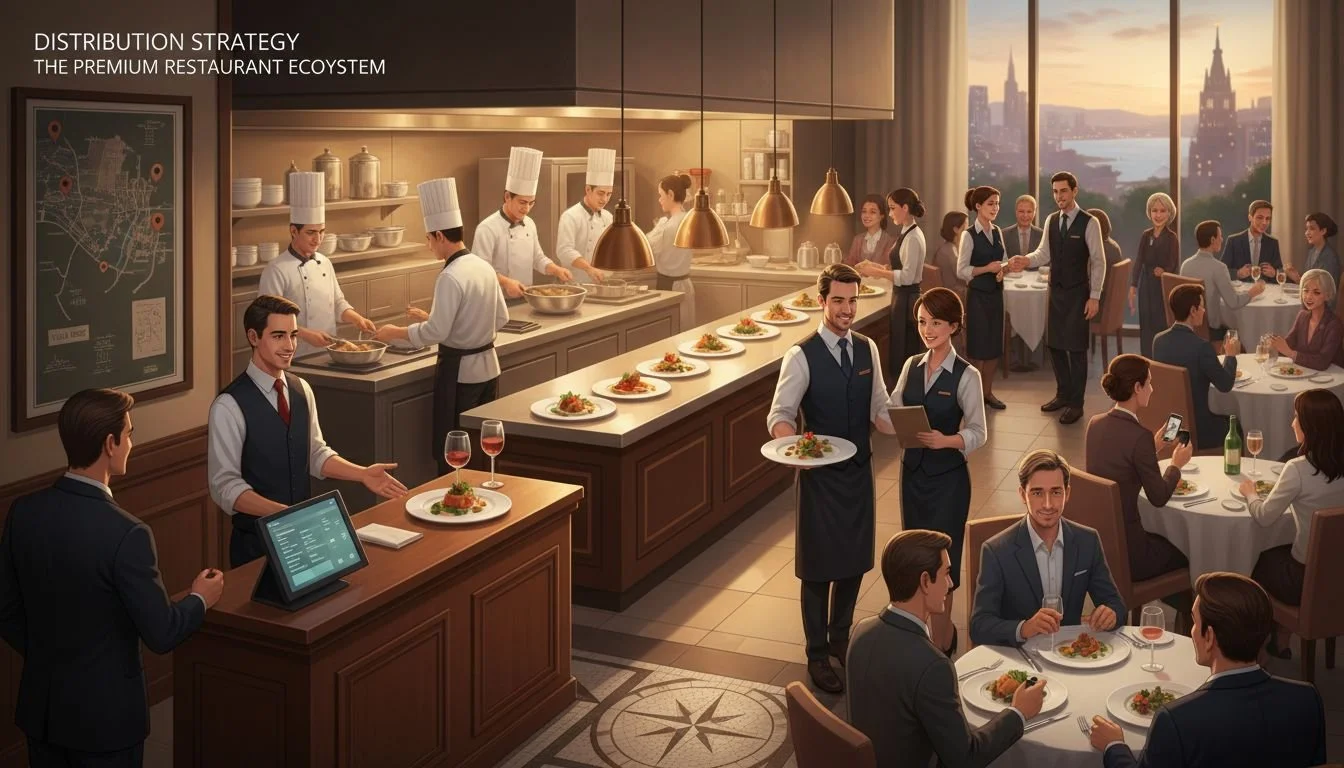 Premium restaurant service flow with hosts, kitchen staff, servers, and seated guests, illustrating the distribution strategy of a chef-led dine-in restaurant business.
