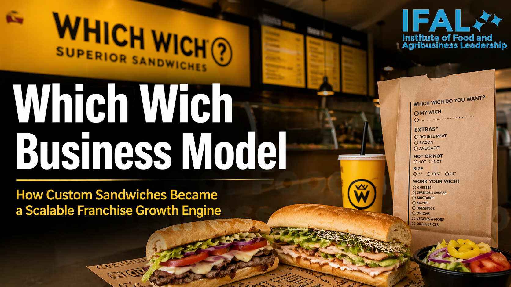 Which Wich Business Model cover image showing premium customizable sandwiches in a fast-casual setting with IFAL logo in the top-right corner