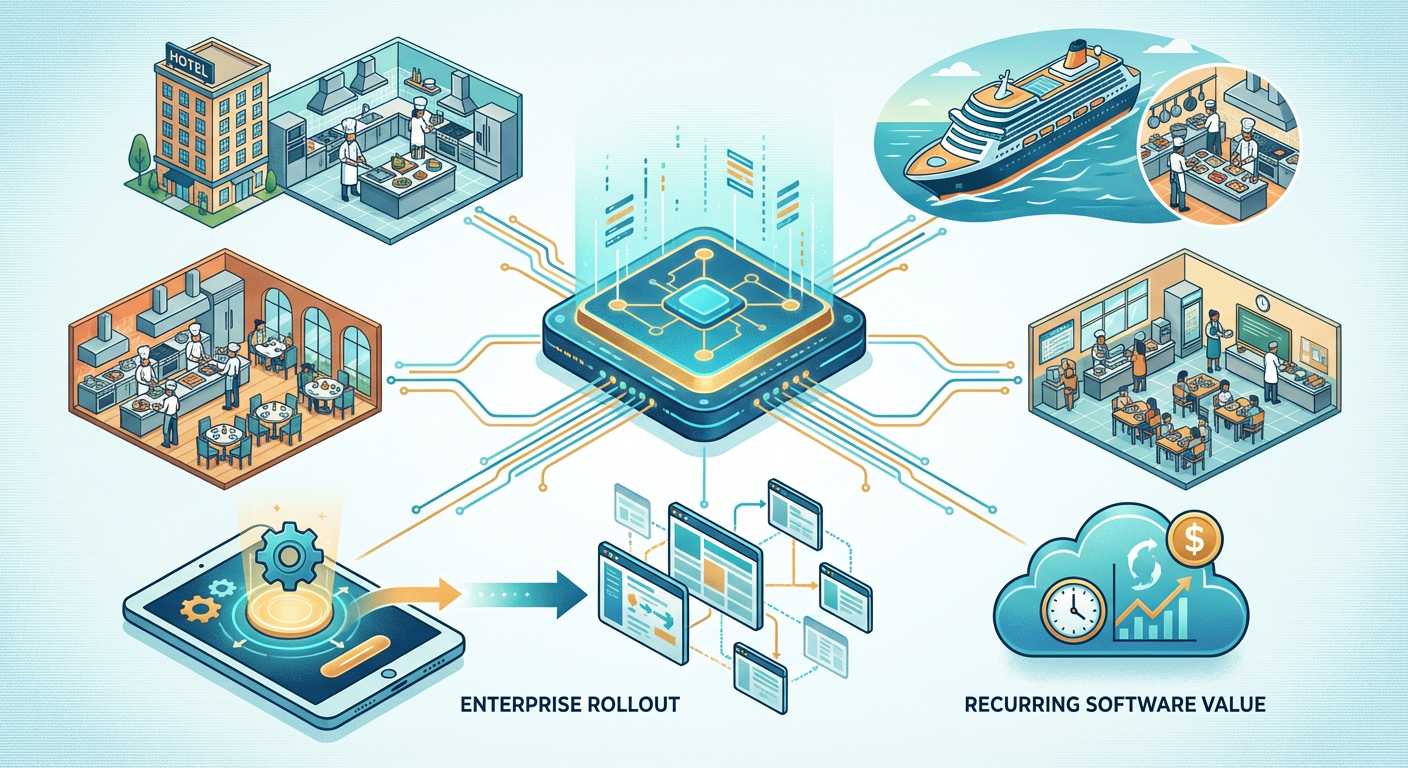 Animated editorial illustration showing multiple hospitality kitchens connected through a central digital analytics platform representing enterprise rollout and software-enabled distribution.