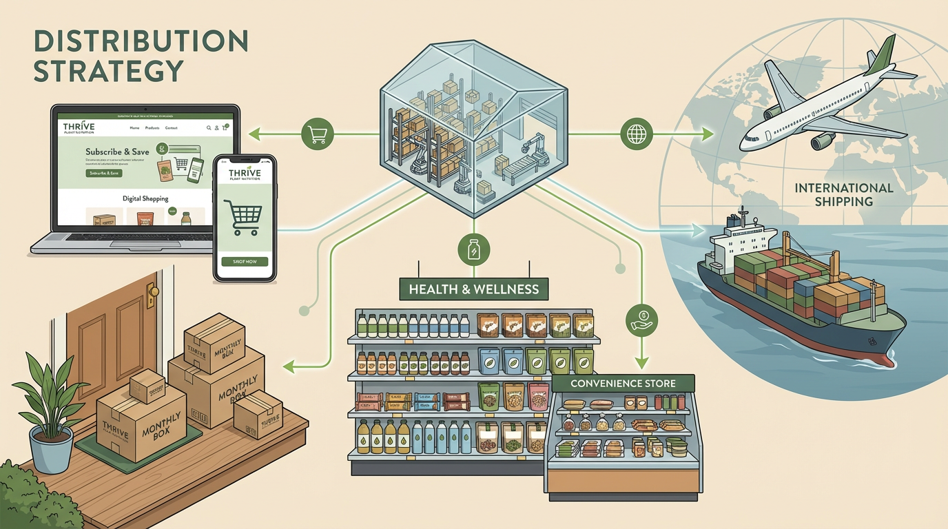 Illustration of an omnichannel food distribution strategy showing e-commerce, subscription delivery, retail shelves, warehouse fulfillment, and international shipping for a nutrition brand
