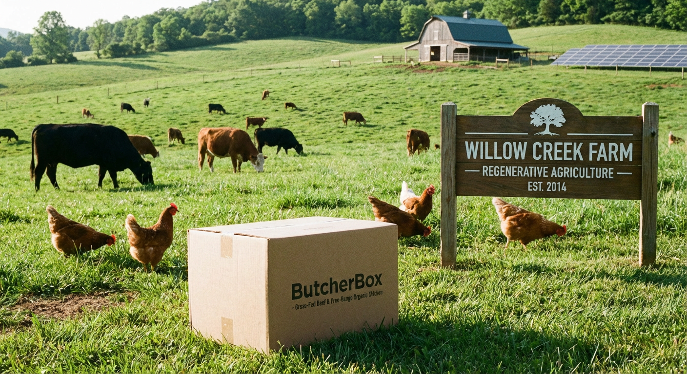 Sustainable pasture with cattle, chickens, and ButcherBox delivery.