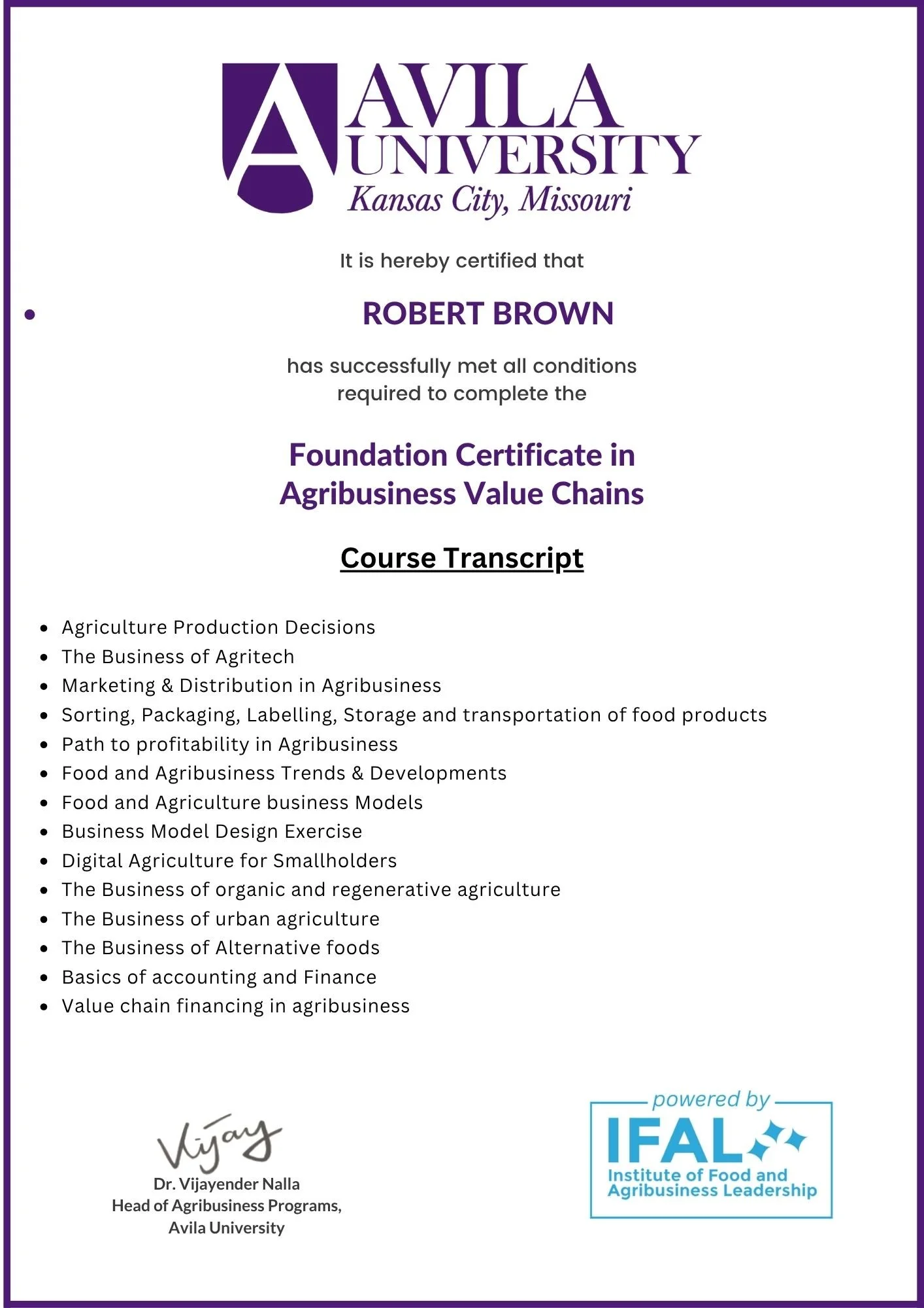 If using a screenshot of the page, you can make it more specific: Alternative version: Screenshot of the Avila University Foundation Certificate in Agribusiness Value Chains program page powered by IFAL.