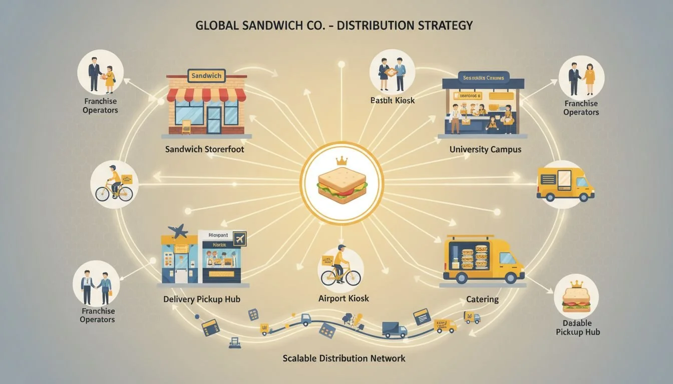 Illustration of a sandwich franchise distribution network connecting storefronts, campuses, airports, delivery, and catering channels