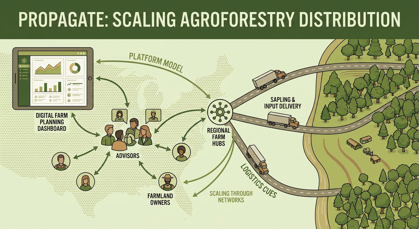 Illustration of Propagate’s distribution strategy showing regional farm hubs, tree supply logistics, advisors, and digital planning tools for agroforestry scale-up