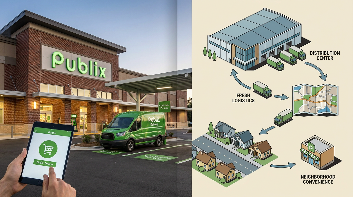 Publix omnichannel grocery retail distribution strategy showing store, curbside pickup, delivery van, mobile ordering, and logistics network
