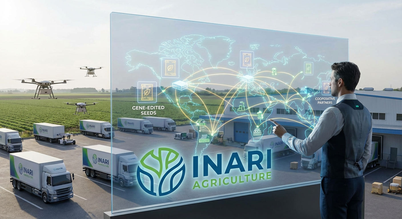 High-tech agricultural distribution network with trucks, drones, and digital logistics.