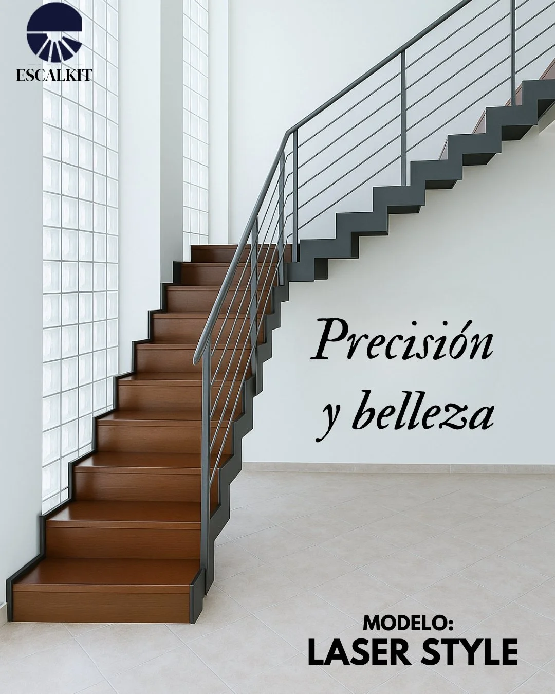 🔹 Precisi&oacute;n y belleza.
As&iacute; es Laser Style, nuestra escalera recta con estructura en zigzag cortada al l&aacute;ser, pelda&ntilde;os de madera maciza con contrahuella de madera y barandilla de dise&ntilde;o en hierro o acero inoxidable.