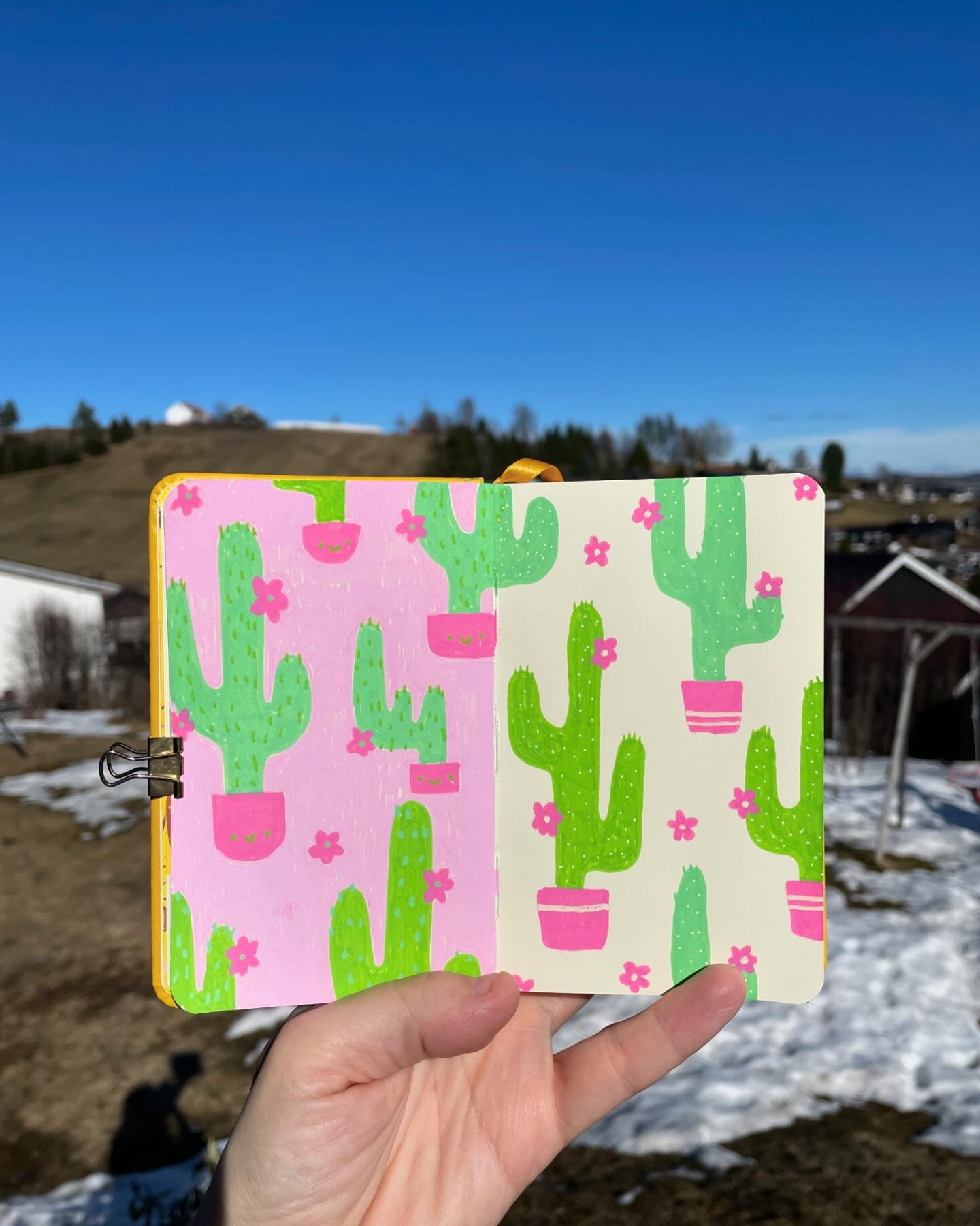 I finally got the spring feeling! 
It was snowing this morning, but now the sun is shining, the snow is melting and the birds are singing☀️
No cactuses around, exept from in today&rsquo;s pattern

Day 19/100 in the @dothe100dayproject 

#sketchbookar