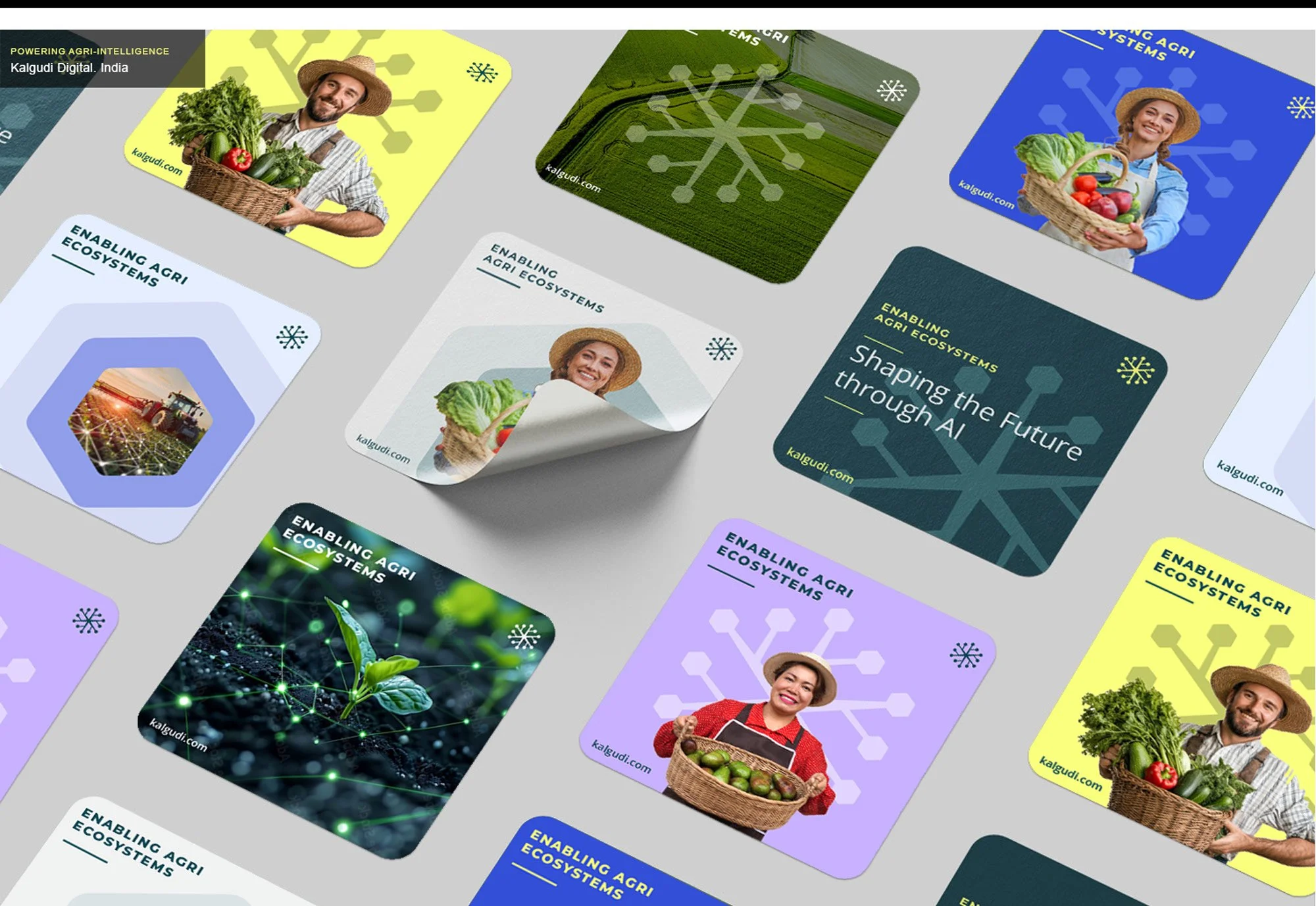 Collection of colorful stickers or cards about enabling agri-ecosystems, featuring images of farmers holding baskets of vegetables, digital graphics of farm fields, plants, and abstract technology icons, with text such as 'Shaping the Future through