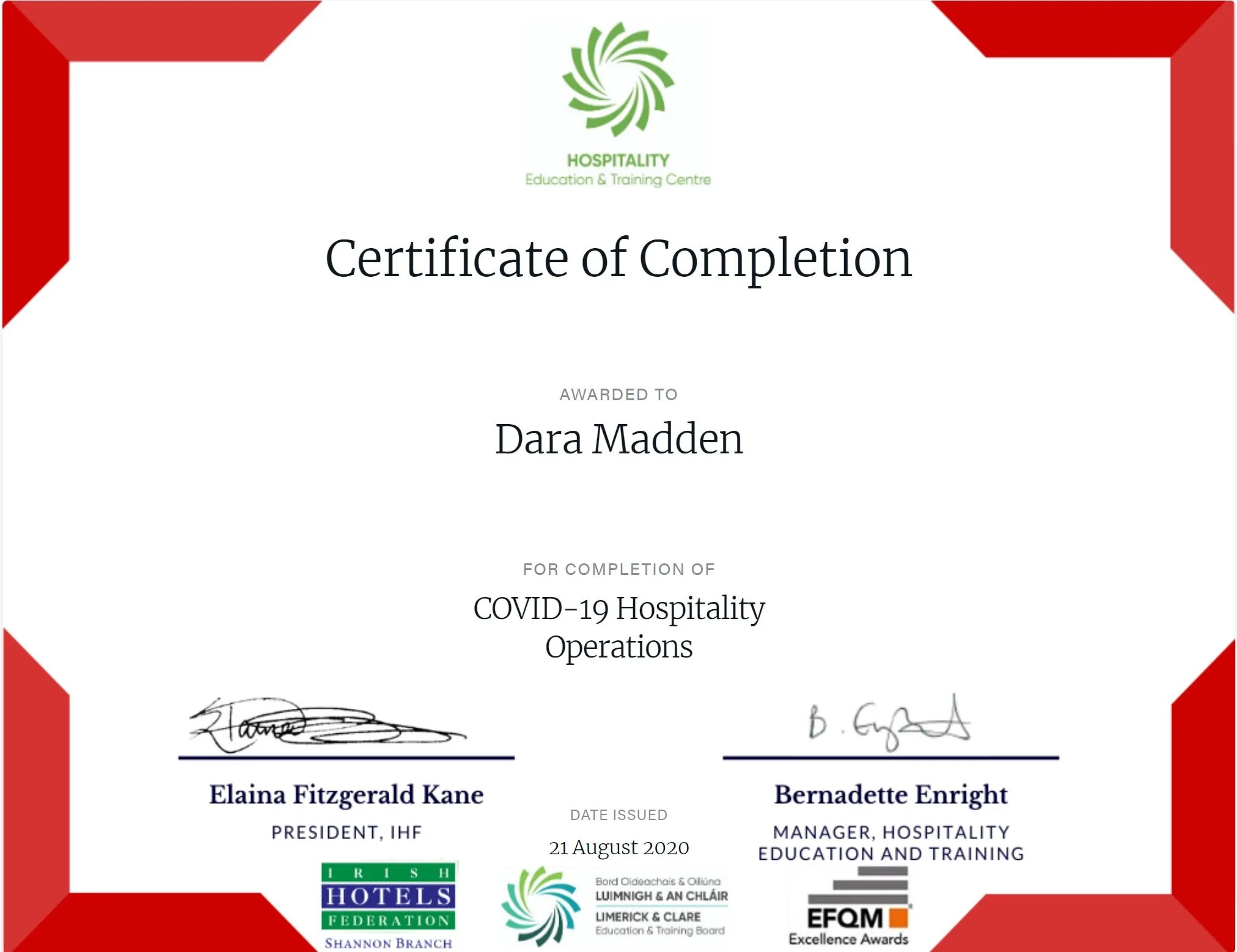 Certificate for COVID-19 Hospitality Operations