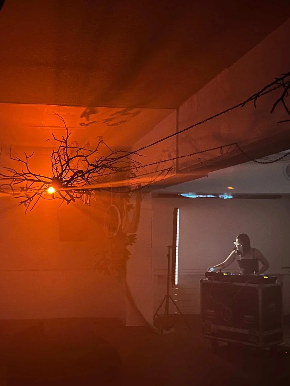 A woman DJing at an indoor event with warm orange lighting, a bare tree branch decoration, and DJ equipment on a table.