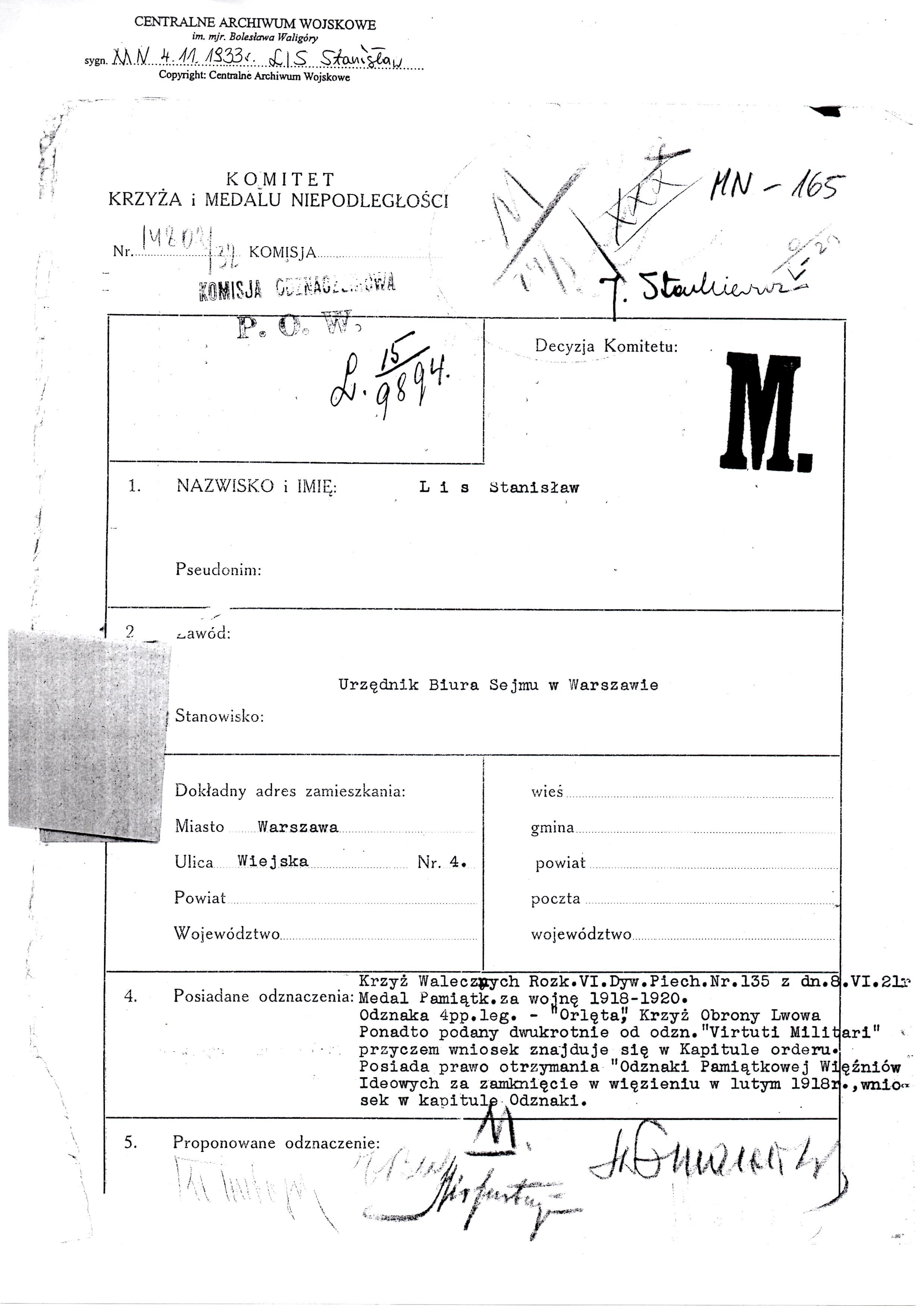 Stanislaw Lis Medal of Independance Document 4 Page 1.jpg