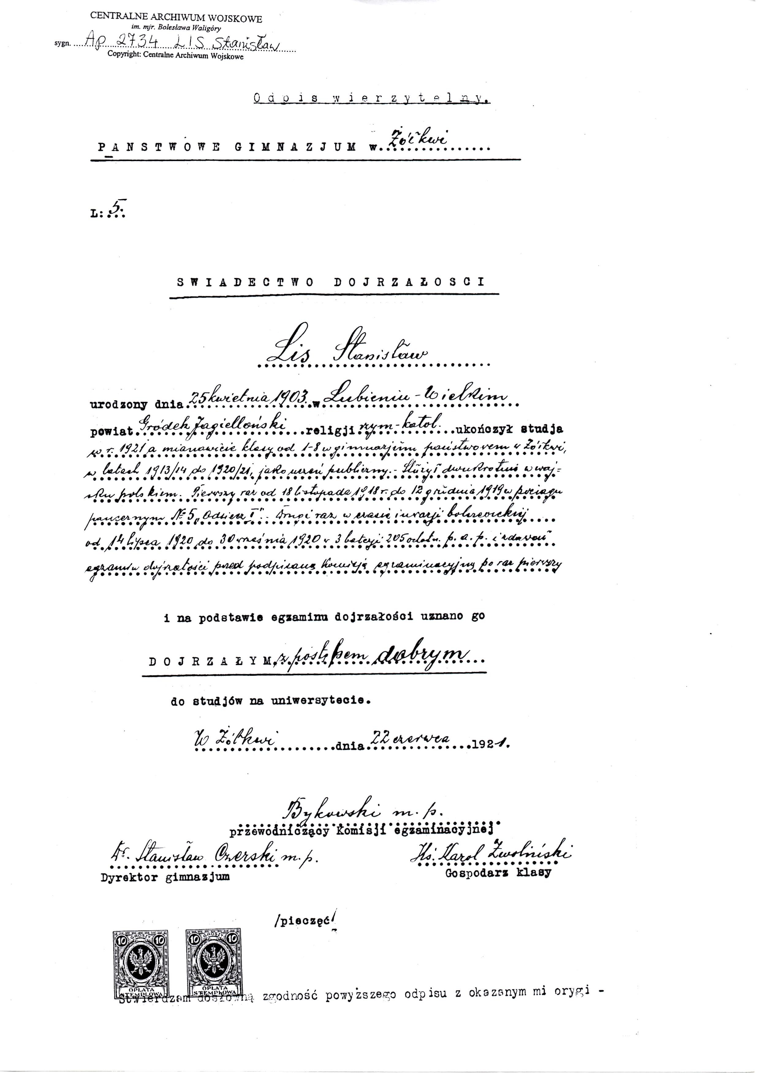 Stanislaw Lis School Document Zolkiew 1921 Certificate of maturity.jpg