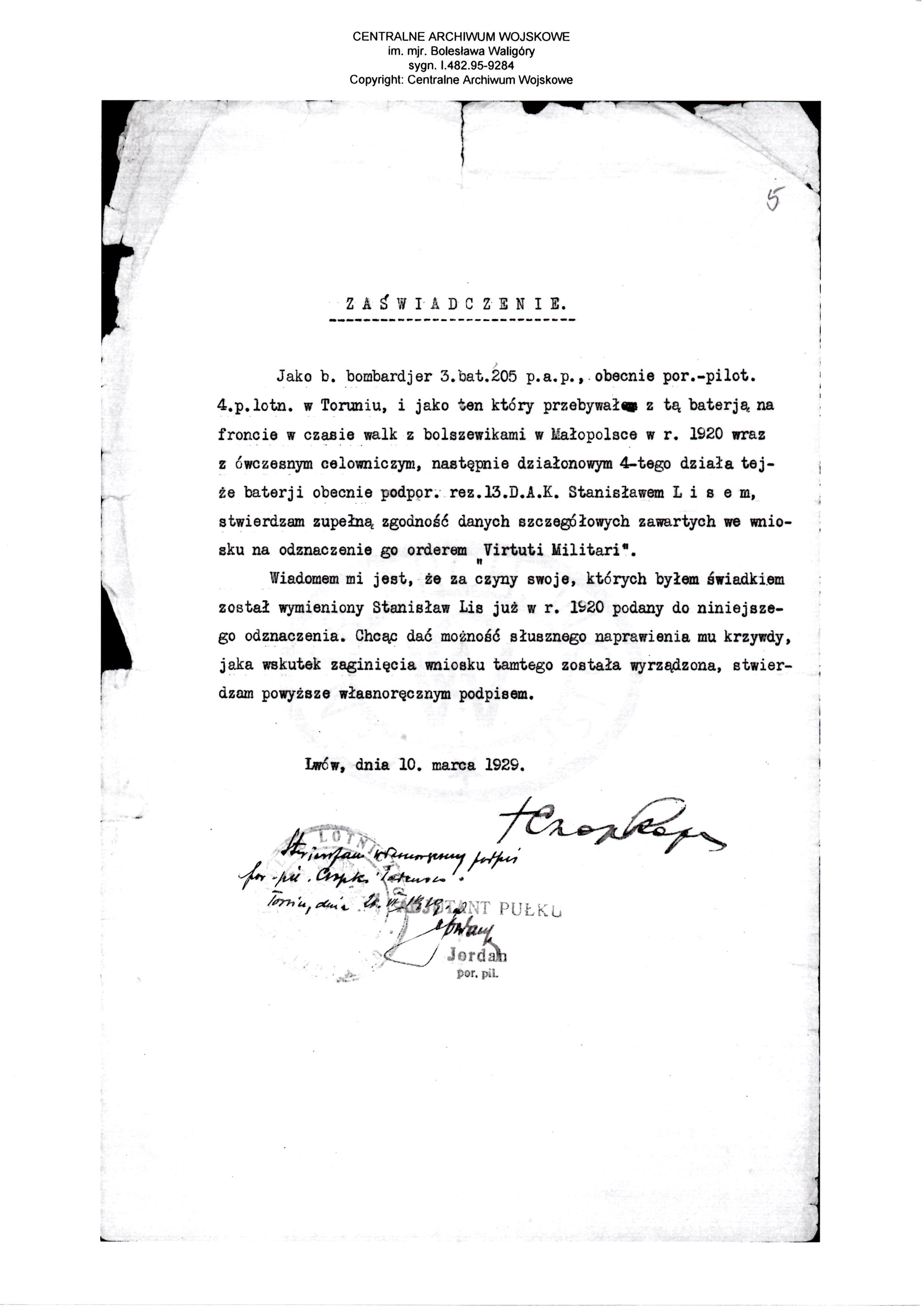 Virtuti Militari recommendation 10 march 1929.jpg