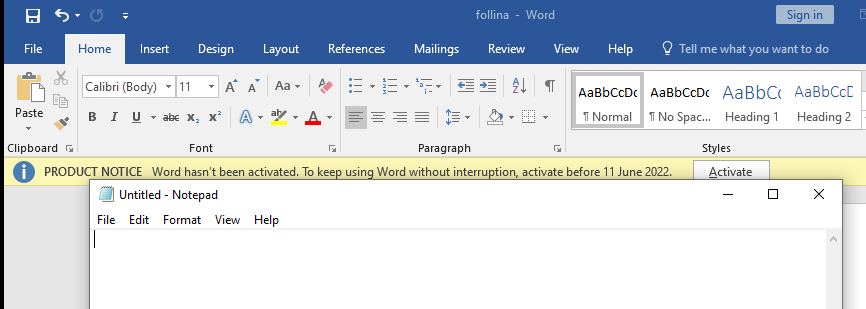  Figure 3 - You can see the malicious Follina document has executed and opened notepad.exe using MSDT. 
