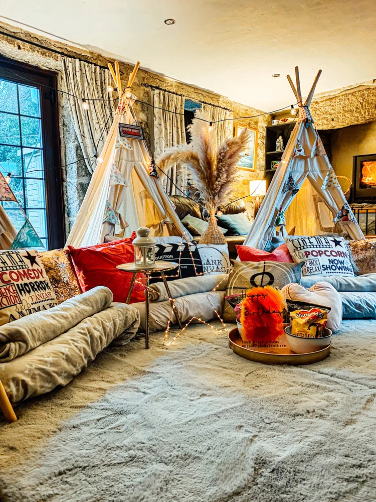 Movie night indoor teepees set up by Blank Canvas