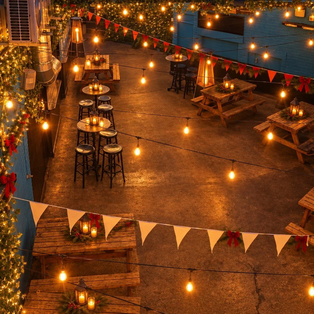 The yard at the Boston Arms, Tufnell Park, lit up for Christmas: heated beer garden with festoon lights, garlands, lanterns and picnic tables