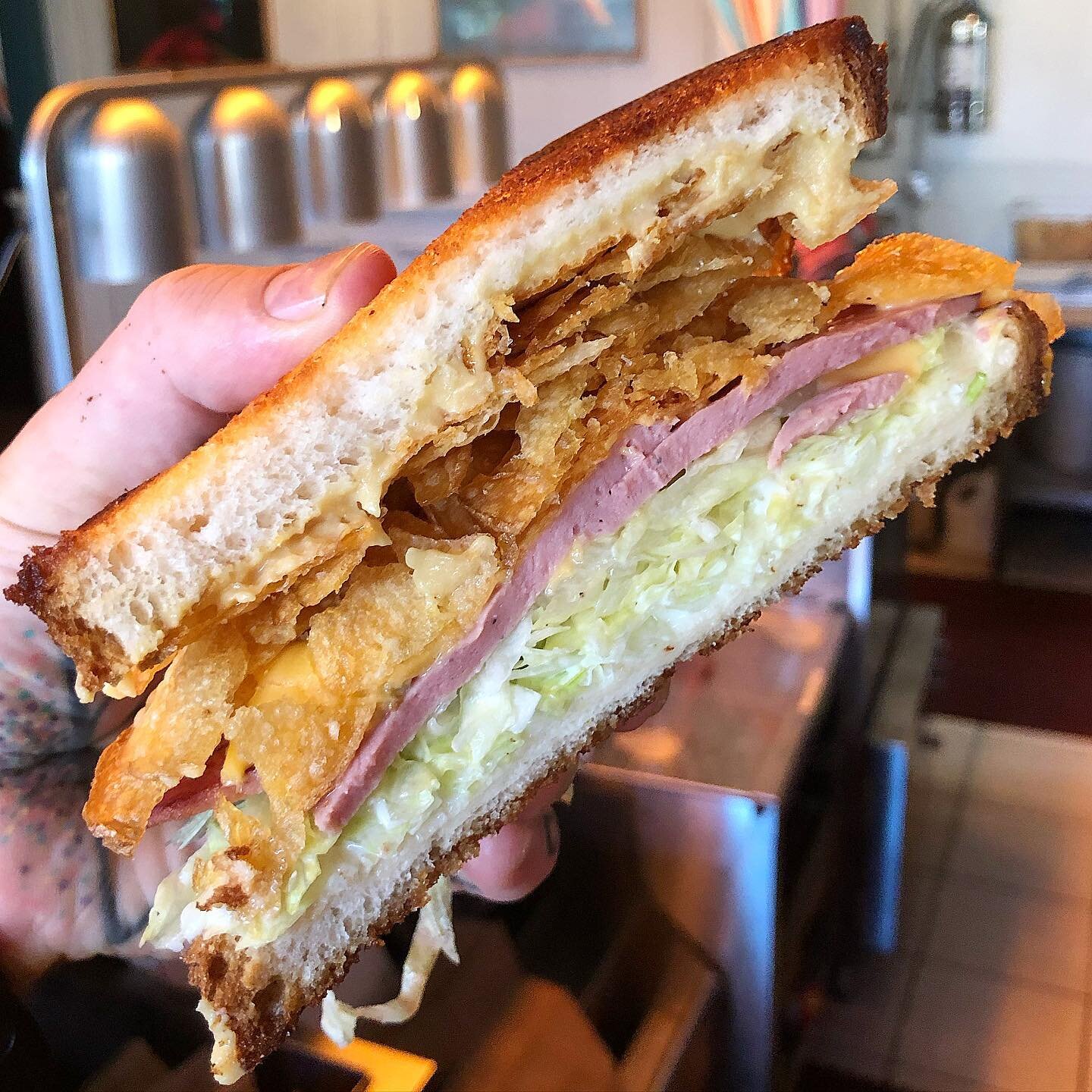 BACK BY POPULAR DEMAND WE GOT THE FUCKIN FRIED BOLOGNA AT BIG KIDS FOR A LIMITED TIME!! FROM THE DEMENTED MIND OF @turkeyandthewolf WE GOT FRIED BOLOGNA FROM @thepaulinameatmarket AND CHIPS AND DUKES AND SHREDDY LETTY AND FANCY MUSTARD AND AMERICAN C