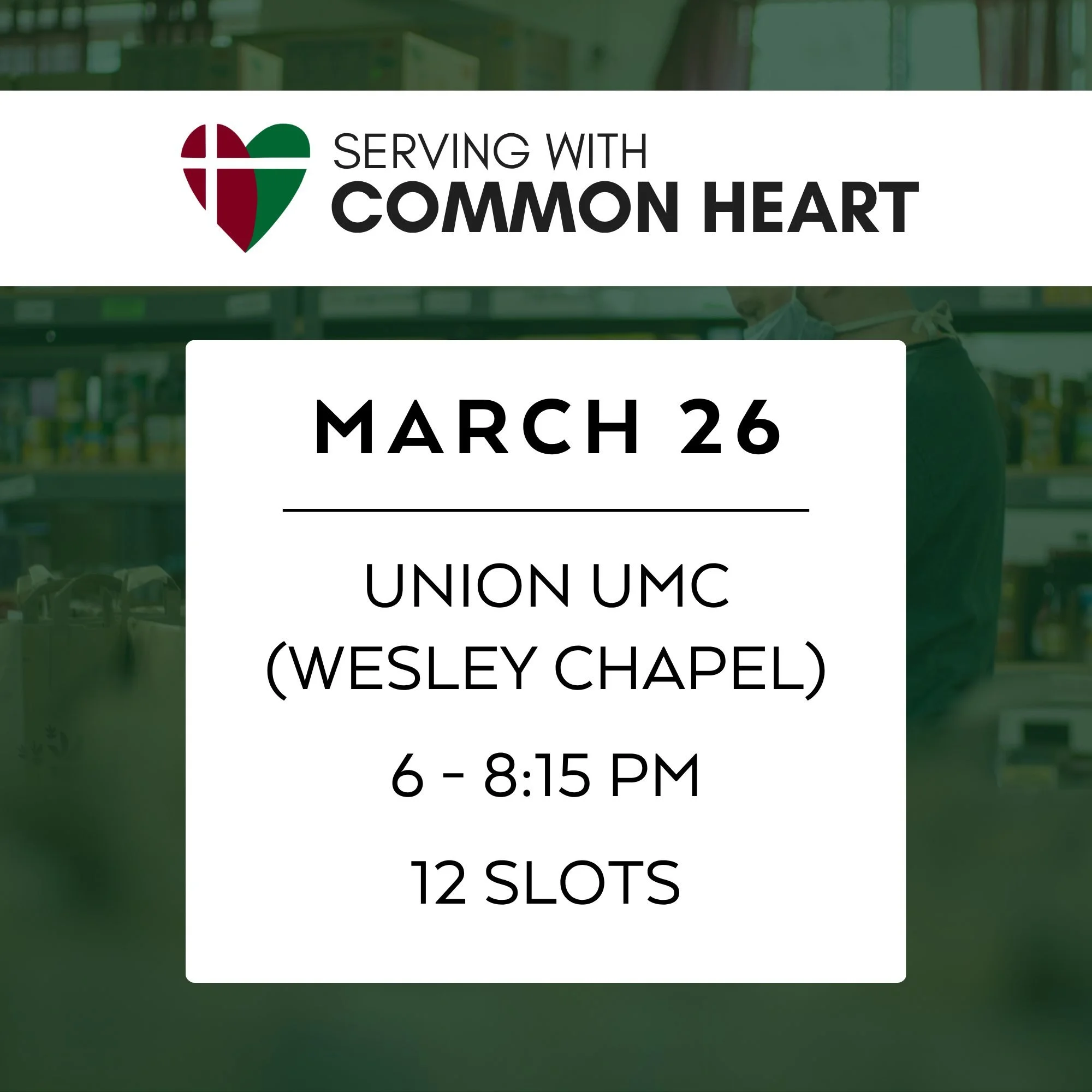 Redeemer family! We've got a great opportunity to serve our community on March 26, 27, and 28, with Common Heart! Join us on Thursday or Friday at one of Common Heart's food pantries, or guys can join the Men's Collective at the Common Heart warehous