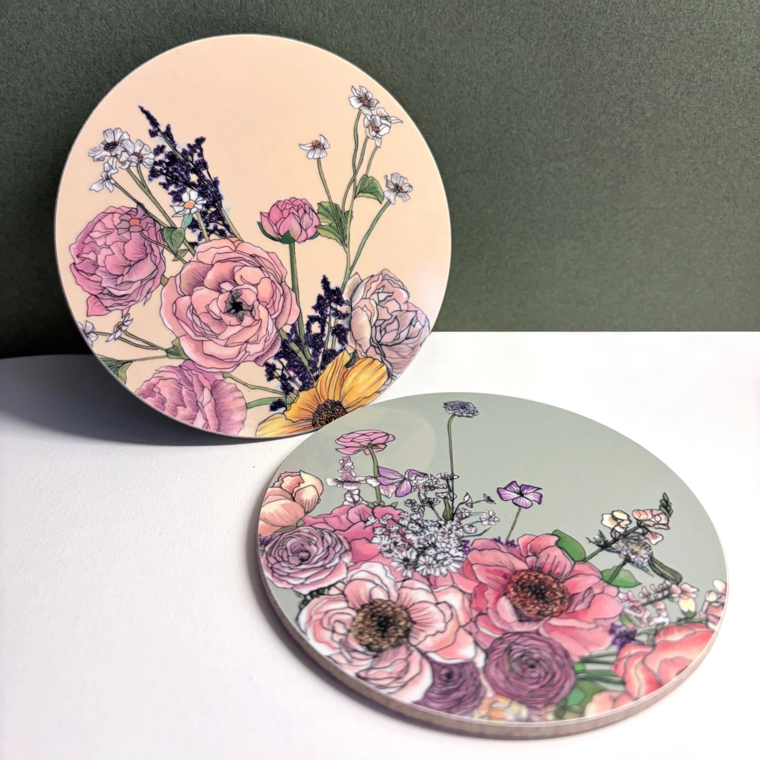 SQ_YellowBlooms_Pair_Round_Melamine_Coaster.jpg