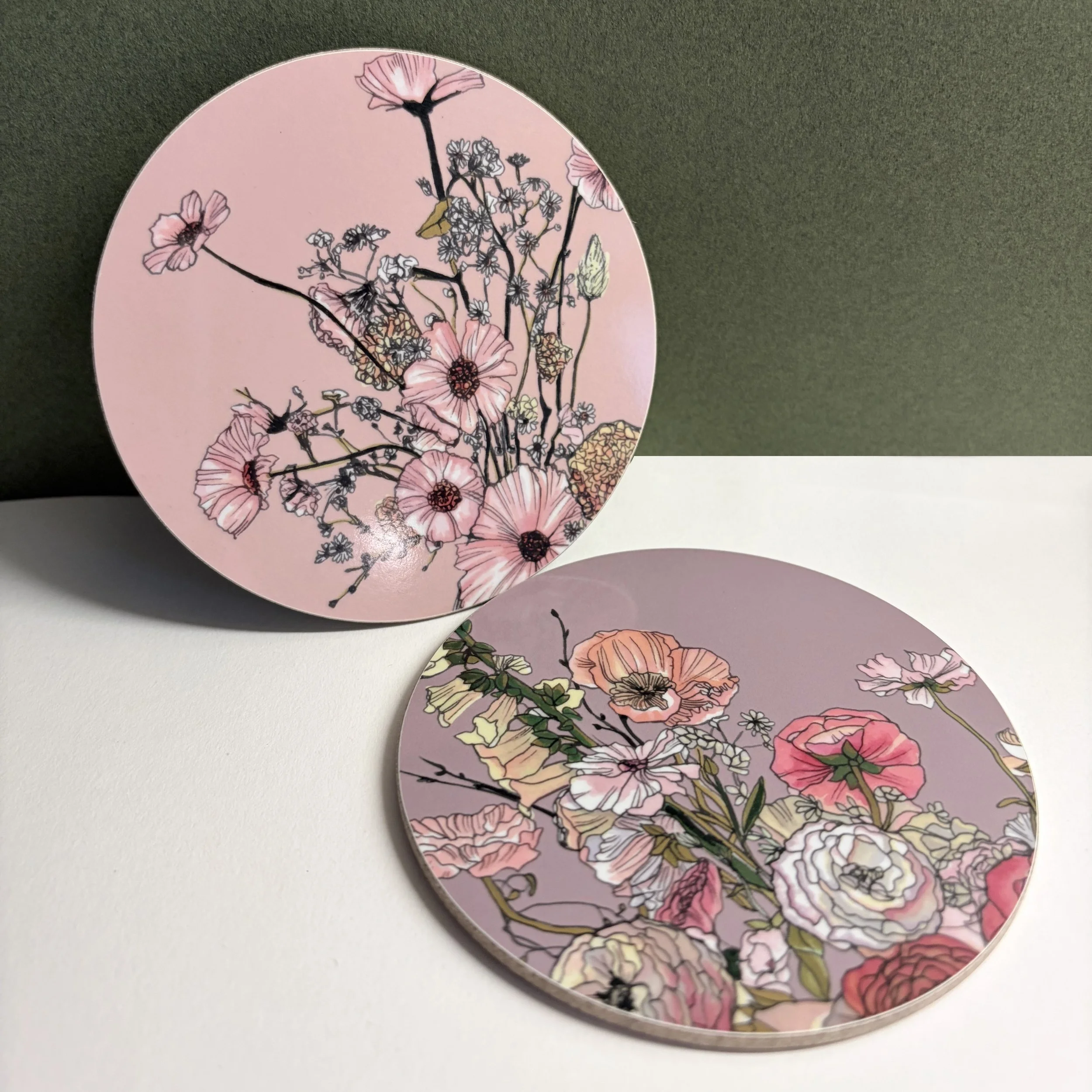 SQ_PinkBlooms_Pair_Round_Melamine_Coaster.jpg