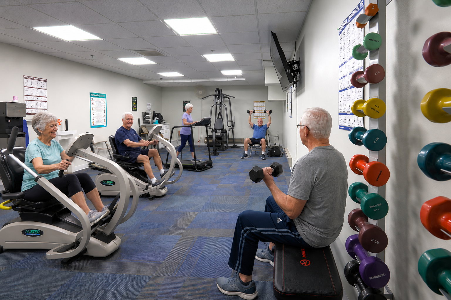 Older adults exercising in a gym with cardio and strength training equipment, including rowing machines, a treadmill, dumbbells, and a squat rack, with a trainer supervising.