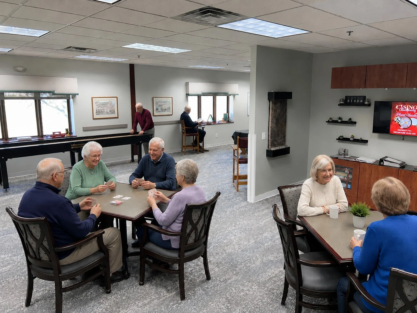 Elderly people playing cards at a table and others conversing in a cozy lounge area with a television, windows, and decorative elements.