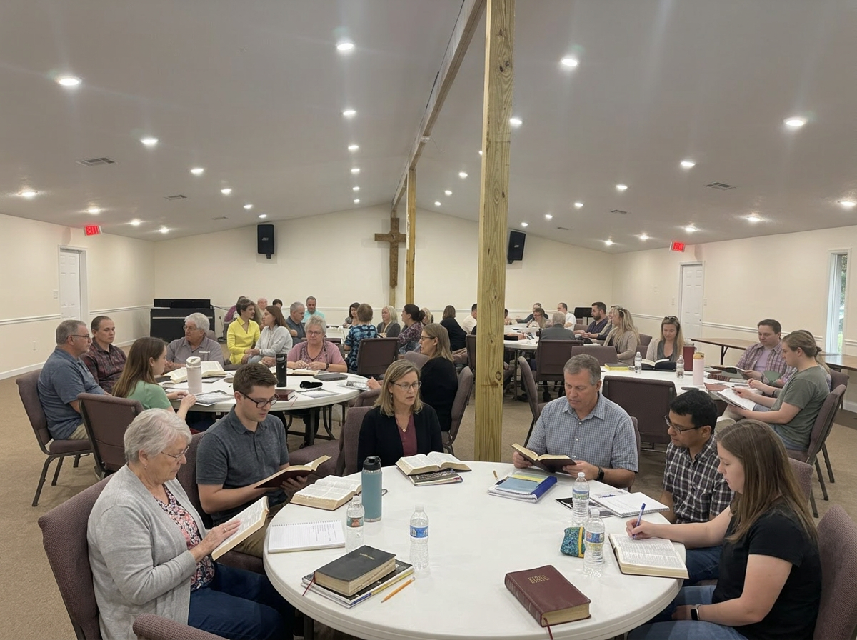 People gathered around tables reading or studying in a spacious, well-lit room with a cross on the wall, suggesting a church or religious setting.