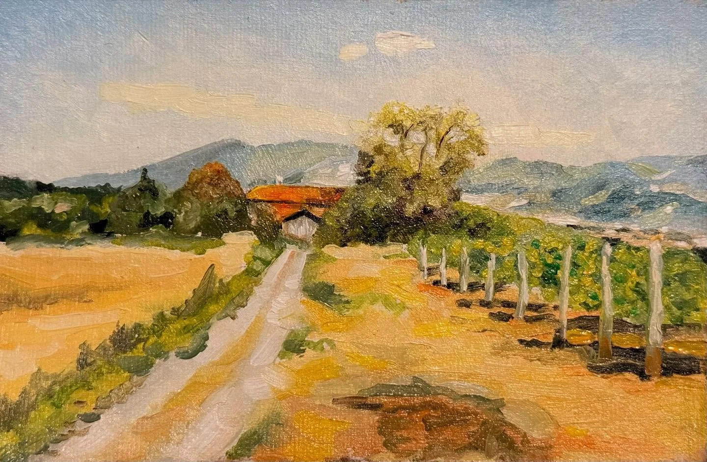 &ldquo;Chemin du Soleil&rdquo;
Alla prima
4&rdquo;x6&rdquo; oil on deckled edge paper

A quiet path winds through vineyard and field, leading toward a farmhouse nestled in the shelter of a sun-drenched tree. This small landscape captures the golden h