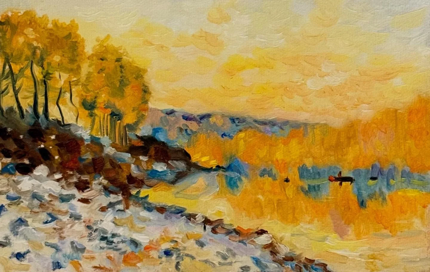 Sisley study. 
4&rdquo;x6&rdquo; Oil on paper 

#artwork #oilpainting #artforsale #tinypainting #shopsmall #landscape #impressionism #collectart
