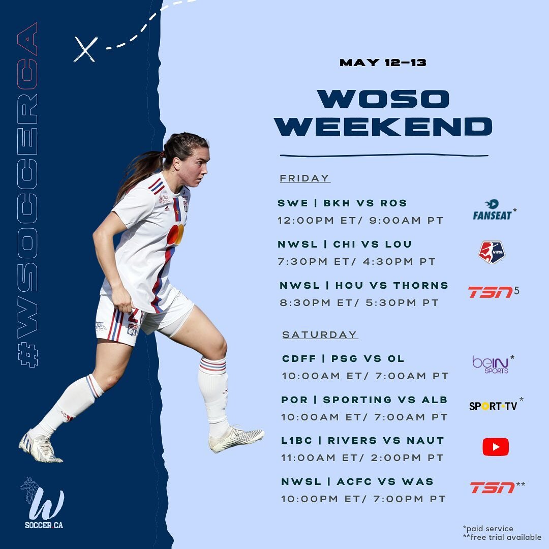 It's FRIDAY! That means our #wsoccerCa weekend schedule is live.

Here's what &amp; how to watch:
🏴󠁧󠁢󠁥󠁮󠁧󠁿 FA Cup Final at Wembley ft Jessie, Keisha &amp; Jayde
🇫🇷 OL vs PSG CDFF Final ft Vanessa &amp; Ash
🇺🇸 MD7, Dash vs Thorns on TSN5
🇵?