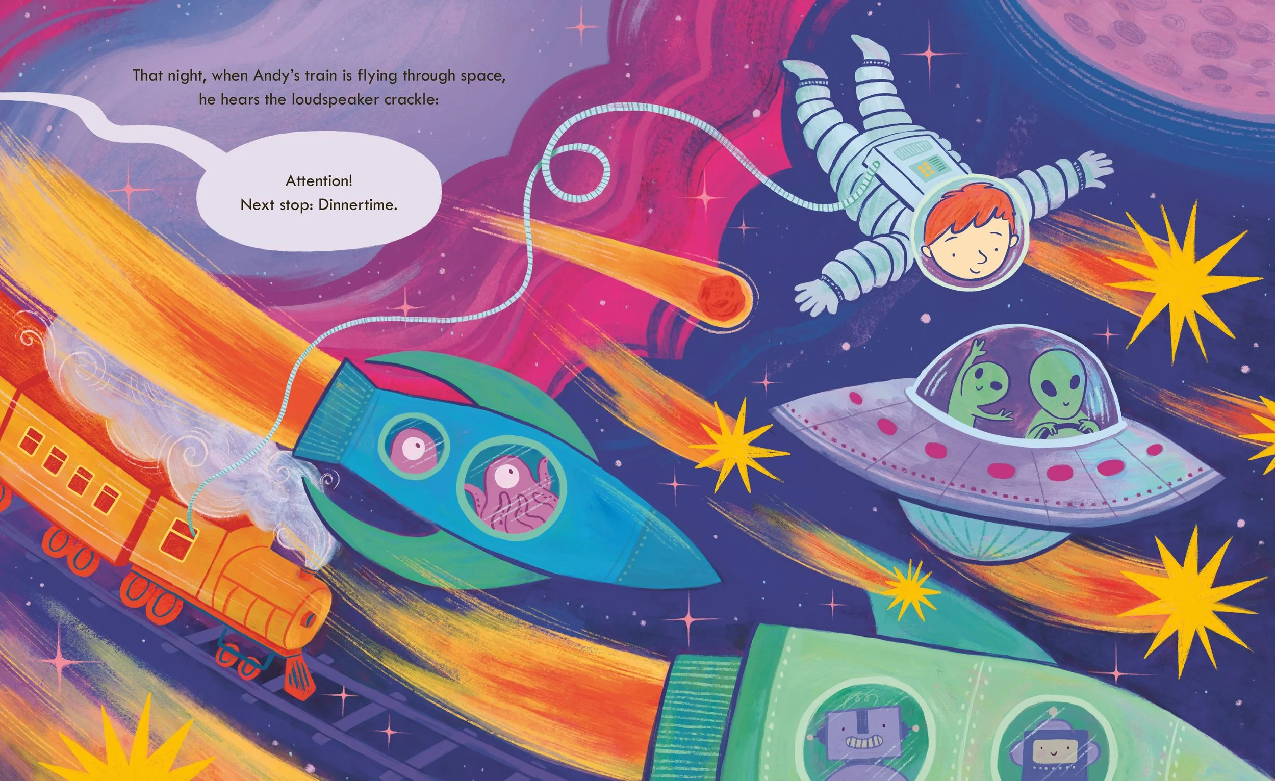 An illustration from Train of Thought by Jess Horn and Hayley Wells. A small boy dressed as an astronaut is flying through space alongside a steam engine, rockets and a UFO.